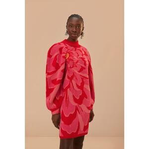 Farm Rio Pink & Red Floral Knit Sweater Dress Puff Sleeves Size S